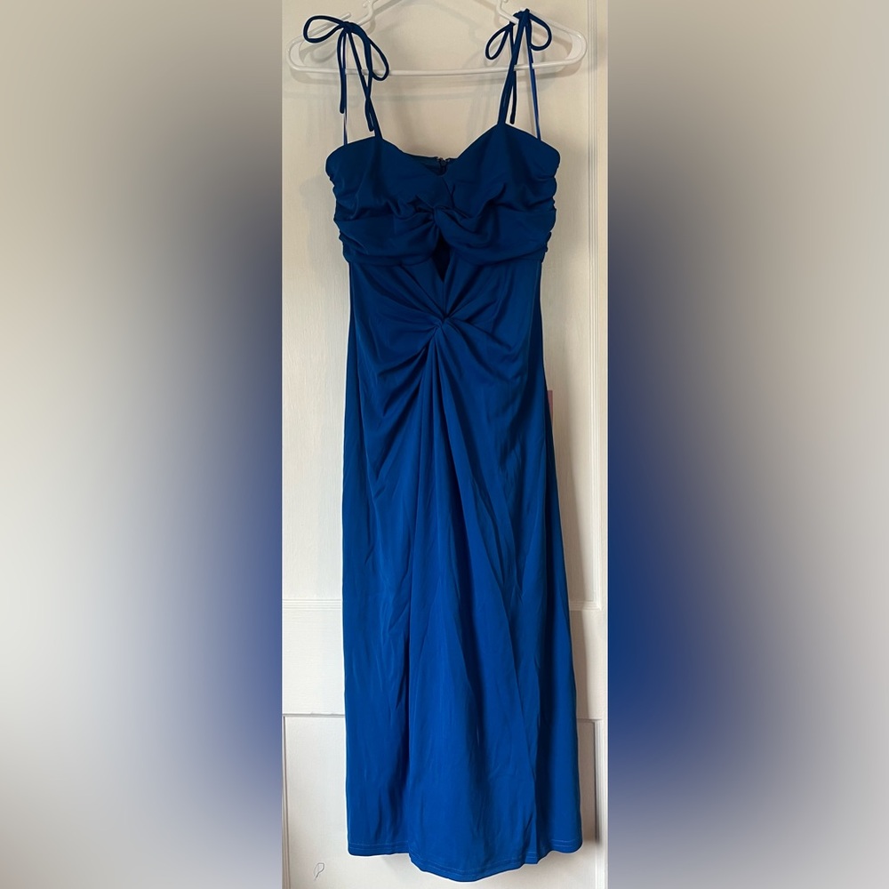 NWT Venus Blue Ruched Cutout Tie Strap Midi Dress Size Small - Picture 6 of 7